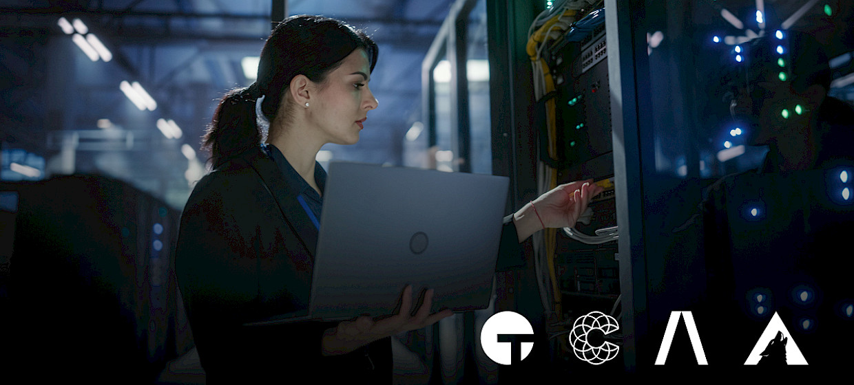Woman working on laptop in server room with Tanium, Coalition, Abnormal AI, and Arctic Wolf logos overlaid