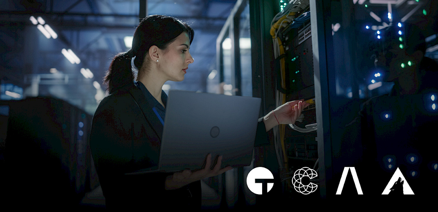 Woman working on laptop in server room with Tanium, Coalition, Abnormal AI, and Arctic Wolf logos overlaid